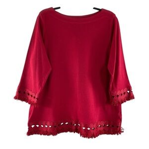 Hasting‎ & Smith Red Embellished Fringe Cuffs and Bottom Hem Top Tunic Sz XL